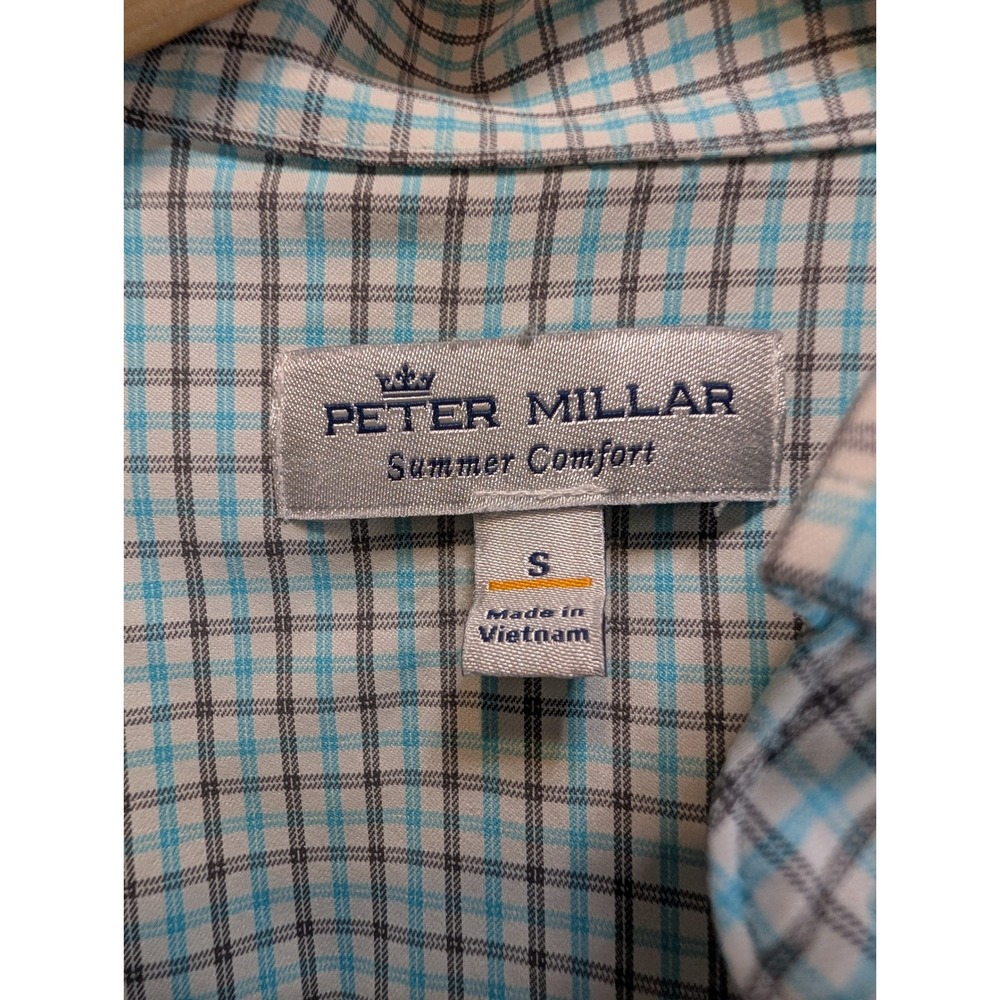 Peter Millar Summer Comfort Mens Small Blue Grey Plaid Button Down Shirt LS